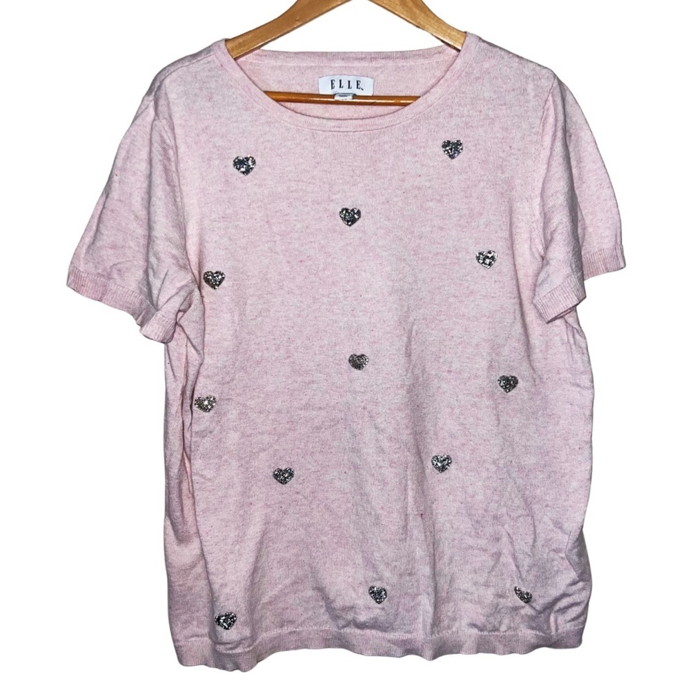 Elle Sweater Pink with Blingy Hearts Short Sleeved Valentine’s Day Size XL